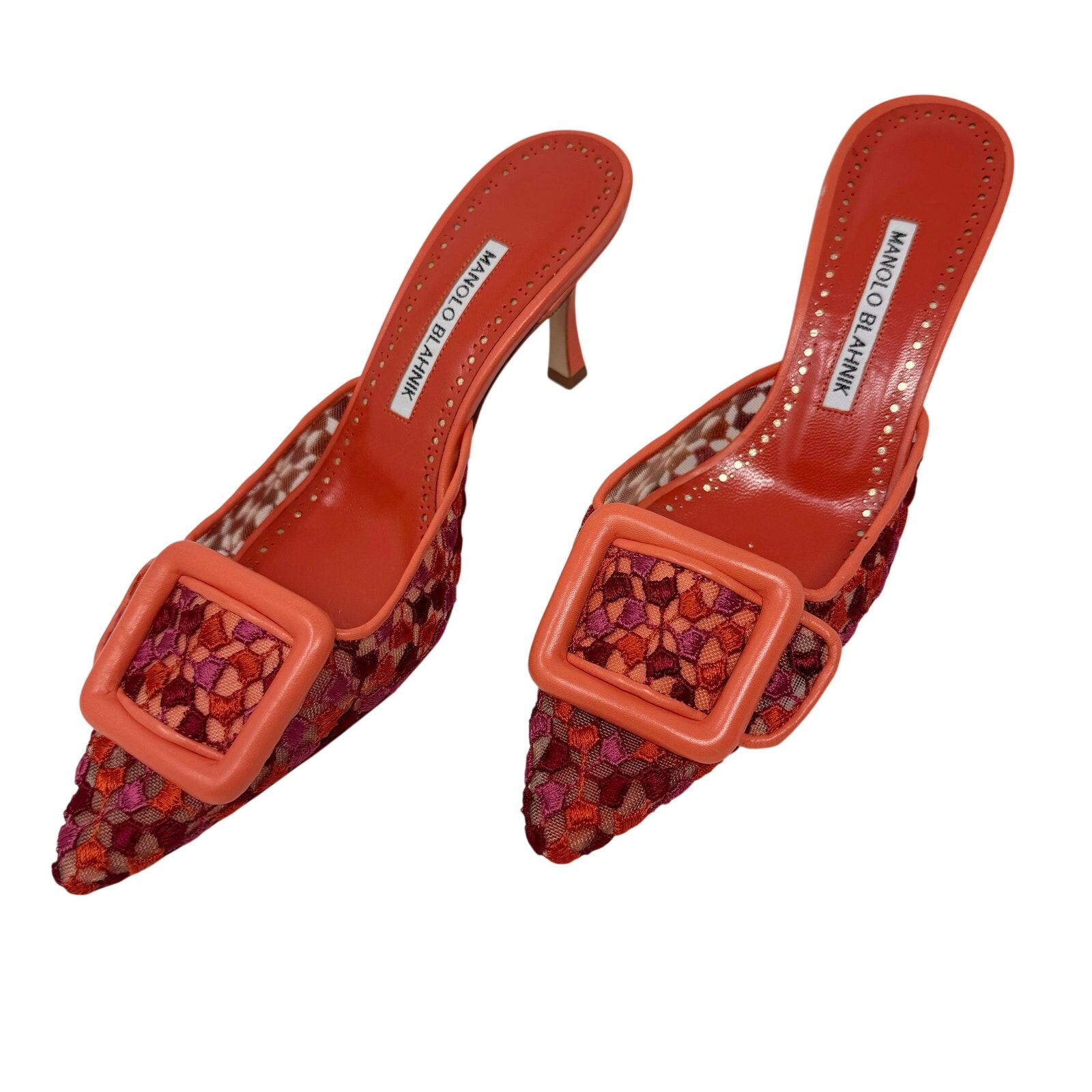 Manolo Blahnik Maysale Embroidered Mosaic Mule Buckle Coral Size 36.5